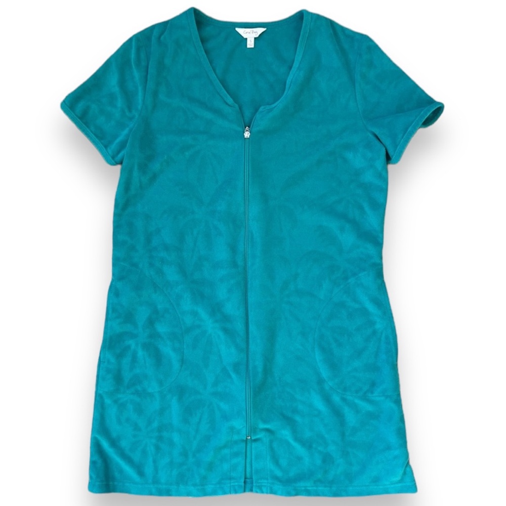 Coral Bay Terry Cloth Swim Beach Coverup Teal with Embossed Palms